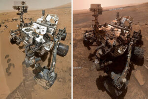 Curiosity a robot becsületes neve. Curiosityn látszanak az évek: ilyen volt 2012 augusztusában, amikor a Marsra megérkezett, és most, 7 évvel később. Hirmagazin.eu (Kép: NASA)