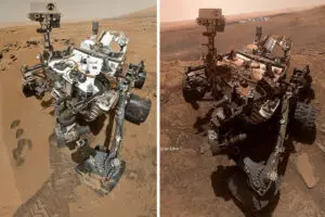 Curiosity a robot becsületes neve. Curiosityn látszanak az évek: ilyen volt 2012 augusztusában, amikor a Marsra megérkezett, és most, 7 évvel később. Hirmagazin.eu (Kép: NASA)