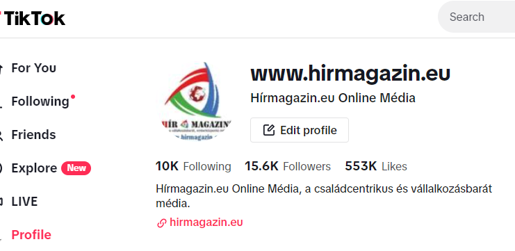 A Hirmagazin.eu Online Média TikTok fiókjén közel 20 Millió videómegtekintés van folyamatosan, és a rekord dinamikusan emelkedik. Hirmagazin.eu