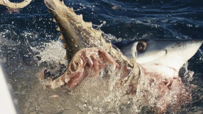 Közelkép egy mako cápáról, ami egy darabot kitép egy másik cépéból, közben fröccsen a víz. Hirmagazin.eu. Kép: Discovery Channel