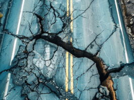 a large crack runs right through a highway after an earthquake.