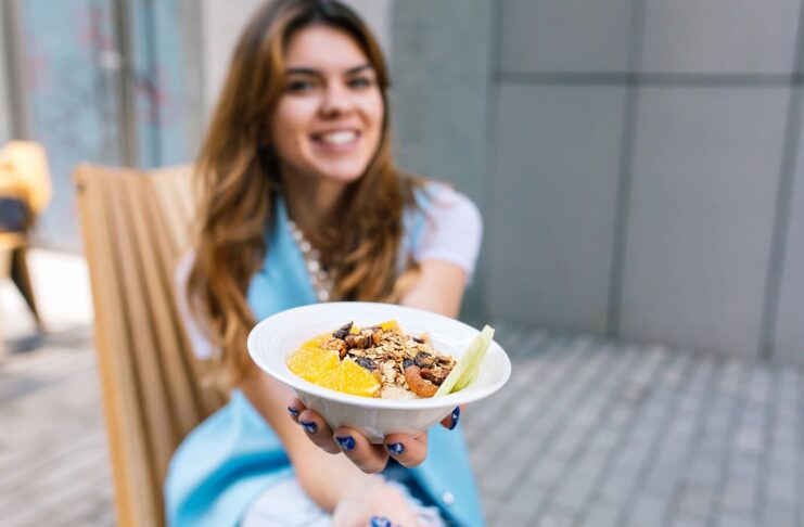 healthy breakfast hands young woman sitting chair 197531 402