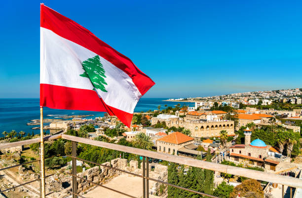 flag of lebanon at the crusader castle in byblos