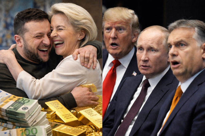 volodimir és ursula, kontra trump, putyin és orbán viktor, illusztráció, a kép tulajdonosa bognár géza